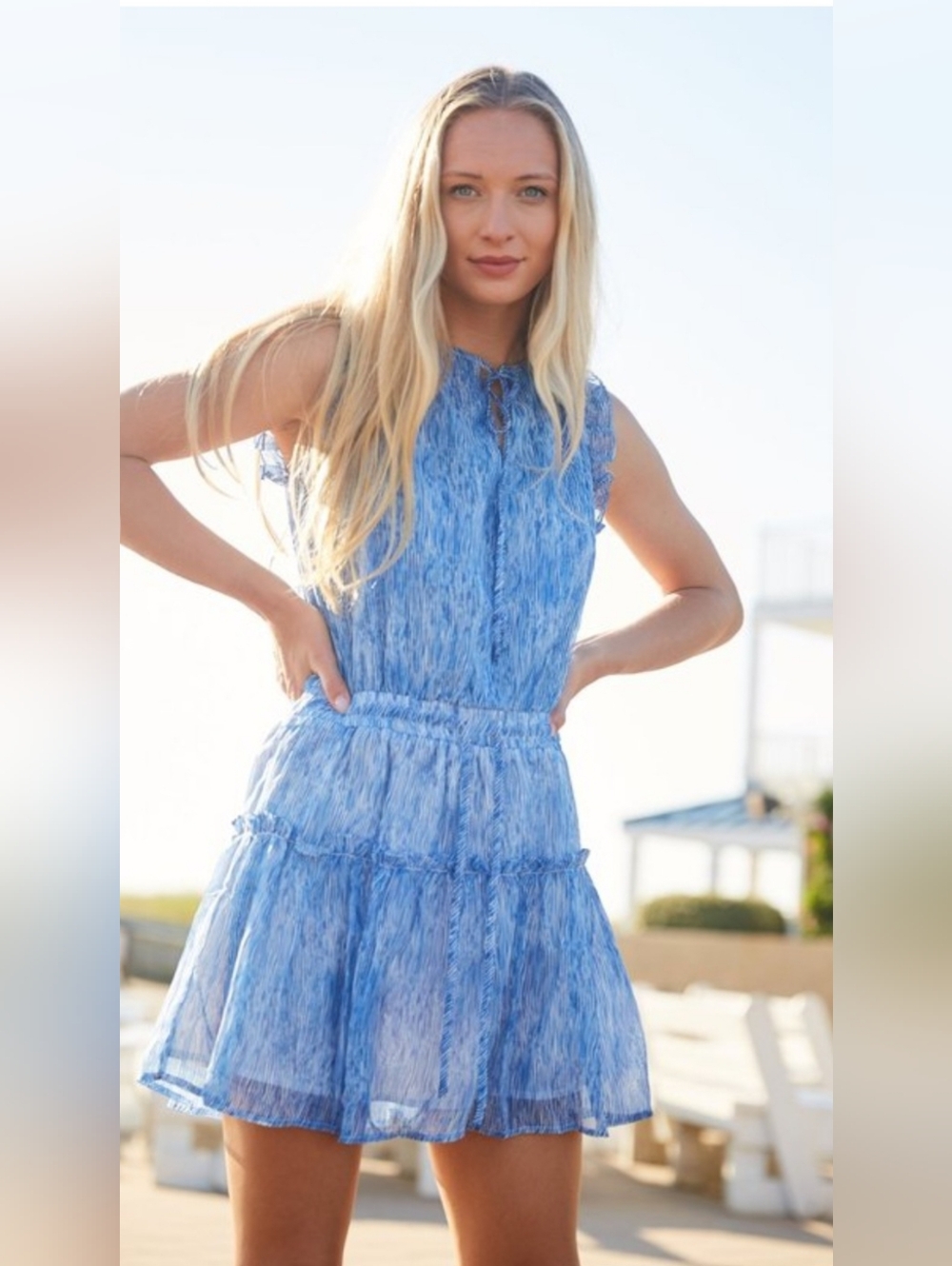 The Impeccable Pig Light Blue Tiered Sleeveless Mini Dress